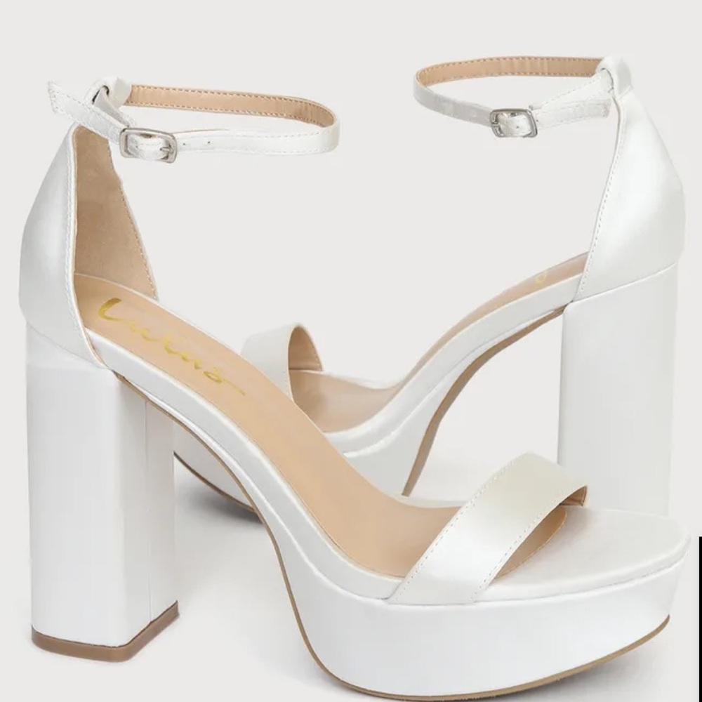 Lulus Arrabella Ivory Satin Platform Ankle Strap Heels